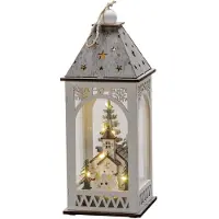 Konstsmide Lanterne en bois à LED avec église, blanche, 6h de minuterie, 8 diodes blanches chaudes, fonctionne sur piles, intérieur, piles : 2 x AA 1,5V (non incluses) - 3271-210