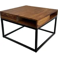 FineBuy Table basse en bois massif de Sheesham 60x60 cm Table de salon carrée avec étagères Table en bois de couleur naturelle avec un piètement métallique stable