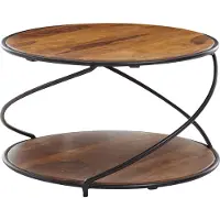 FineBuy Table basse en bois massif de Sheesham ronde Ø 58 cm avec tablette, table de salon en bois véritable & structure métallique, table design faite main