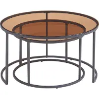 En.casa Set de 2 tables basses 'Kokkola' structure métallique ronde verre fumé, marron