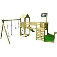 Kangui - Aire de jeux pirate en bois avec vigie WILLI - Balançoire, trapèze, toboggan, mur d'escalade, cabane sur plateforme, pont suspendu