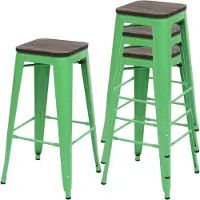 Mendler 4x Tabouret de bar HWC-A73, avec siège en bois, métal, style industriel vert