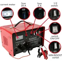 Toolland Chargeur de batterie 12/24 V, avec amplificateur/démarreur 20 A, boîtier métallique robuste, rouge