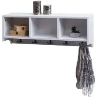 Mendler Étagère murale HWC-K49, portemanteau mural Étagère, 3 compartiments de rangement 5 crochets 30x80x20cm bois blanc, shabby