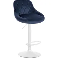 Décoshop26 Tabouret de bar en velours bleu coutures décoratives pivotant support métal blanc TDB10658