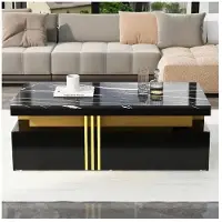 MUVOE Table basse moderne - - Rectangulaire - 2 tiroirs en bois - Plateau en marbre - Brillant