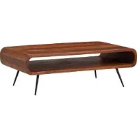 FineBuy Table basse en bois massif de Sheesham 90 cm - Table de salon faite main avec étagère au design rétro | Table en bois naturel vitrifié par un vernis clair