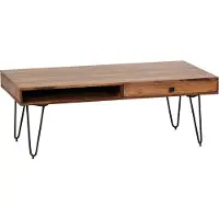 FineBuy Table basse en bois massif de sheesham, 110 cm · Table de salon de style industriel, rectangulaire, pieds en épingle à cheveux, 2 tiroirs et compartiments de rangement · Fabriquée à la main