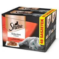 Sheba Selection Juicy Flavours sachets 48x85g nourriture complète humide pour chats adultes en sauce avec poulet et bœuf, poulet, agneau, canard et dinde