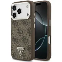 GUESS Case Magsafe 4G PU Leather Case With Triangle Logo And Silver Metal Camera Frame For iPhone 17 (Apple iPhone 17 Pro), Coque pour téléphone portable, Marron