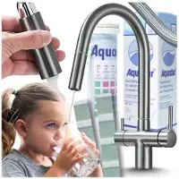 ARI Robinet de cuisine 3 voies Slender, finition graphit anthracite, avec douchette extractible, robinet à eau filtrée, pivotant à 360°, en laiton, avec 2 leviers
