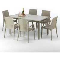 ProduceShop Table rectangulaire en poly rotin avec 6 chaises colorées 150x90 Beige Marion