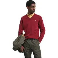 Gant pour homme. 87212 Pull-over à col en V en laine de mouton très fine de couleur bordeaux (S), Casuel