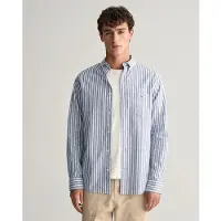 Gant pour homme. 3240060 Chemise à rayures bleues en lin et coton, coupe régulière (M), Casuel, Manche longue