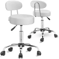 Casaria Lot de 2 tabourets à roulettes Blancs pivotant à 360° avec dossier