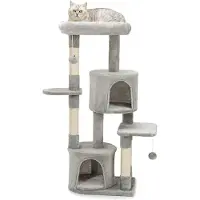 Lionto Arbre à chat 115 cm, arbre à grimper stable avec 3 niveaux, 2 grottes & 4 troncs en sisal, support mural inclus, gris clair