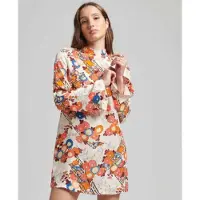 Superdry pour femme. W8011410A Mini robe imprimée blanche à manches longues (M), Casuel, Viscose, Manche longue