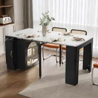 Merax Table de cuisine îlot à roulettes, Table de repas extensible avec multiprise et LED, Chariot de service multifonctionnel, Table de bar, Blanc+Noir