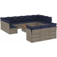 vidaXL Ensemble de salon de jardin 14 pièces avec coussins Gris Poly rotin