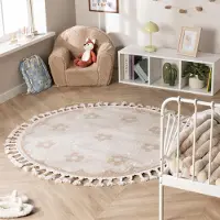 Little Olly Tapis rond lavable pour enfant - Moos Flower Crème | Ø 140cm | Rond | Pile courte