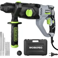 Workpro Marteau Perforateur Électrique 1050W , Perceuse à Percussion, Marteau Rotatif avec Poignée Rotative 360°, Mandrin SDS-PLUS, 4 Fonctions, Perçage et Burinage, Livré avec Mallette et Accessoires
