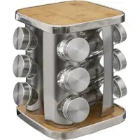 5 Five Porte-épices à 5 compartiments x12, rotatif, en acier inoxydable, gris bambou, bambou et verre, L 22,9 x l 17 x H 17 cm