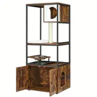 Feandrea Arbre à chat , avec armoire à litière, support de gamelle surélevé, coussins lavables Vintagebraun