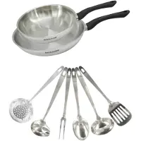 Fackelmann Set 2 poêles 20 et 28 cm en inox et 6 ustensiles inox Geneva