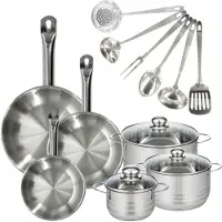 Fackelmann Batterie de cuisine avec 3 poêles 20/24/28 cm et 3 faitouts 16/20/24 cm et 6 ustensiles de cuisine Etherna Brillant Oxford