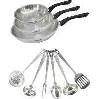 Fackelmann Set 3 poêles 20 24 et 28 cm en inox et 6 ustensiles inox Geneva