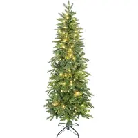 HOMCOM Sapin de Noël artificiel 180 cm, arbre de Noël slim avec 200 lumières blanches chaudes, 8 modes d'éclairage, 605 pointes de branche articulée, support en métal, plastique ignifuge, vert