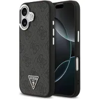 GUESS Case Magsafe 4G PU Leather Case With Triangle Logo And Silver Metal Camera Frame For iPhone 17 (Apple iPhone 17), Coque pour téléphone portable, Noir, Argent