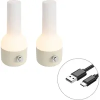 QAZQA Ensemble de 2 lampes de table d'extérieur beige avec blanc avec LED rechargeable - Haard