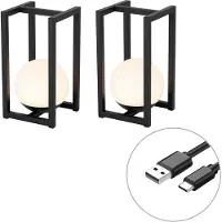QAZQA Ensemble de 2 lampes de table d'extérieur noires avec recharge tactile - Nowi