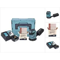 Makita DBO 180 RF1J Ponceuse excentrique sans fil 18 V 125 mm + 1x batterie 3,0 Ah + chargeur + Toolbrothers SPIDER Kit abrasif réseau + Makpac