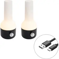 QAZQA Ensemble de 2 lampes de table d'extérieur noir avec blanc, avec LED rechargeable - Haard