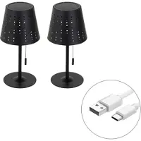 QAZQA Ensemble de 2 lampes de table noires avec LED, dimmable 3 niveaux, rechargeables et solaires - Ferre