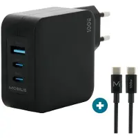 Mobilis - Adaptateur secteur - rapide, GaN - 100 Watt - QC, PD/PPS - 3 ports de sortie (USB, 2 x USB-C) - noir - Europe (001365)