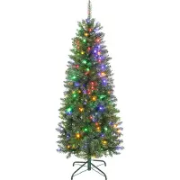 HOMCOM Sapin de Noël artificiel 150 cm, arbre de Noël fin avec 170 lumières blanches chaudes et multicolores, 9 modes d'éclairage, 635 pointes de branche articulée, support en métal pliable, vert