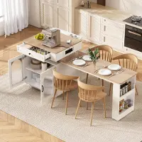 Merax Table de cuisine îlot à roulettes, table de repas extensible, multiprise LED, table de bar multifonctionnelle, sideboard, table de cuisine, blanc+naturel