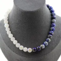 Bijoux Pierres et Minéraux. Collier perles Lapis Lazuli du Pakistan qualité 5A + Pierre de Lune 8 Collier femmes, hommes. Taille personnal