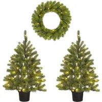 Black Box Ensemble « Trees Nagoya » : sapin et couronne de Noël - 2 sapins de Noël artificiels et 1 couronne avec éclairage LED - H 90 x Ø 45 cm - Vert
