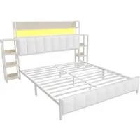 MODFU Lit Double 140x200 cm - Lit Blanc avec Tiroirs Sous le Lit et Rangement, Chargeur et Lumière LED, MDF - Sans Matelas