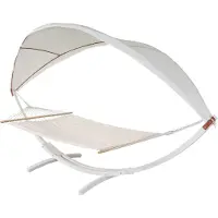 Décoshop26 Hamac Balançoire Suspendue Jusqu'à 200kg Avec Toile Pour Protection Solaire Cadre En Bois 420cm 2 Personnes Blanc Crème 04_0003394