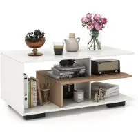 Costway Table basse avec espace de rangement, table de salon rectangulaire de style rétro avec plateau central en L, table d'accent géométrique à 3 niveaux Naturel