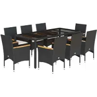 vidaXL Salon de jardin 9 pièces avec coussins noir poly rotin et verre
