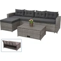 Mendler Ensemble Poly Rotin Hwc-J34, Ensemble Balcon/Jardin/Salon Gris, Coussins Gris Foncé