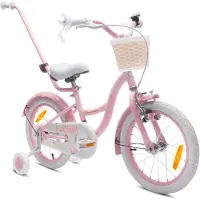 Sun baby Vélo pour filles Flower Bike 16 pouces, à partir de 4 ans, avec roues d'appoint, barre de poussée amovible, panier, sonnette, frein à rétropédalage et frein V-Brake
