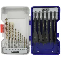Tivoly Coffret Ranger 15 Pièces Bois Forets Bois Ø2-2,5-3-4-5-6-7-8-10 mm + Mèches Plates Ø14-16-18-20-22-24mm