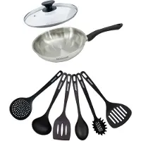 Fackelmann Set poêle 24 cm en inox, couvercle verre et 6 ustensiles Geneva